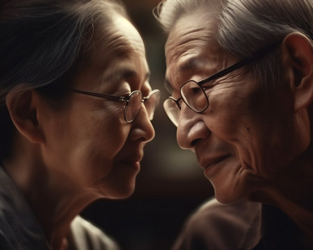 Portrait of happy senior asian couple in love and looking at each other in the roomの素材