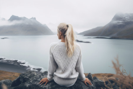 A blonde haired woman in a white sweater sits on a rock and looks out at a fjord in Norway, Europe.の素材