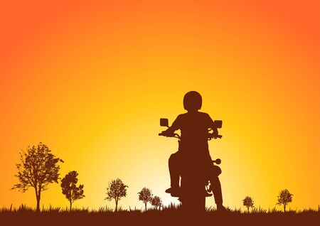 Silhouette of motorcyclists on nature at sunset.のイラスト素材
