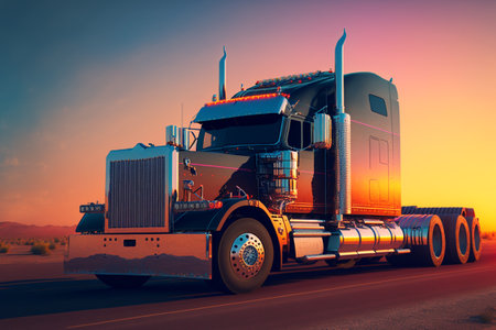 A cargo truck with a beautiful sunset view.の素材