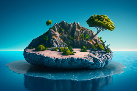 floating island with trees and rocks in the water.の素材
