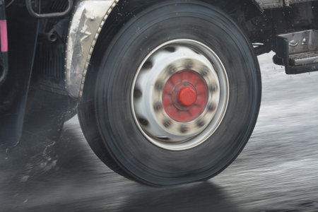 Truck wheel in motion on the road.の写真素材