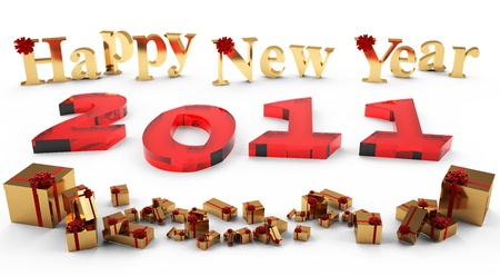 3D image of the new year 2011, of red glass. Inscription New Year and gifts of gold, adorned with a red bow and ribbons.の写真素材