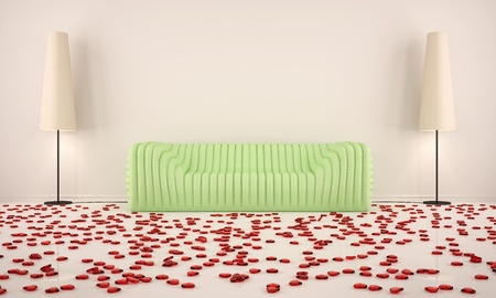 room with green sofa and hearts on the floor with the beige floor lampsの写真素材