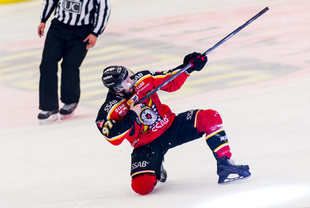Lulea, Sweden - March 18, 2015. Per Ledin (#97 Lulea Hockey) celebrating his goal! Swedish Hockey League-game, between Lulea Hockey and Frolunda Indians.のeditorial素材
