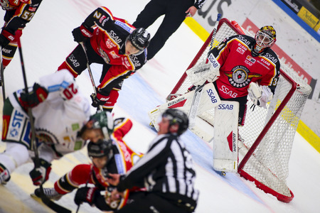 Lulea, Sweden - March 18, 2015. Joel Lassinantti (#34 Lulea Hockey) during the Swedish Hockey League-game, between Lulea Hockey and Frolunda Indians.のeditorial素材