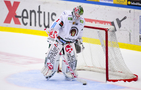 Lulea, Sweden - March 18, 2015. A very disappointed Lars Johansson (#1 Frolunda Indians), during the Swedish Hockey League-game between Lulea Hockey and Frolunda Indians.のeditorial素材