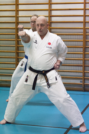 Skelleftea, Sweden - February 7, 2011. Shotokan Karate practice with Sensei, Robin Nyholm and Tero Nyholm. Self defense techniques - Skelleftehamn Shotokan Karate Klubb.のeditorial素材