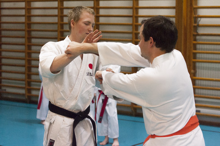 Skelleftea, Sweden - February 7, 2011. Shotokan Karate practice with Sensei, Robin Nyholm and Tero Nyholm. Self defense techniques - Skelleftehamn Shotokan Karate Klubb.のeditorial素材