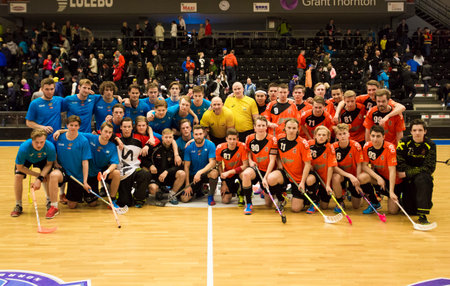Lulea, Sweden - June 4, 2015. Friendship game in floorball between Lulea Hockey and IBK Lulea. Team...