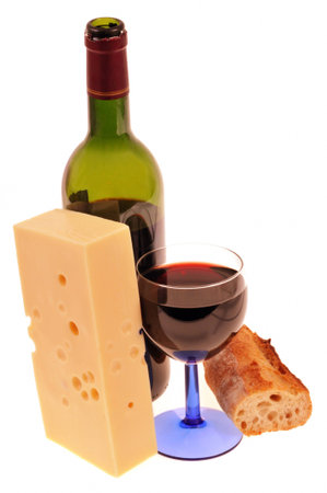 Wine with cheese and breadの写真素材