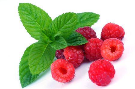 Raspberries and mint leaves