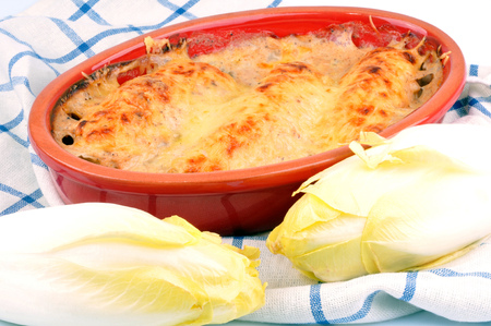 Gratin of endives in a dishの写真素材