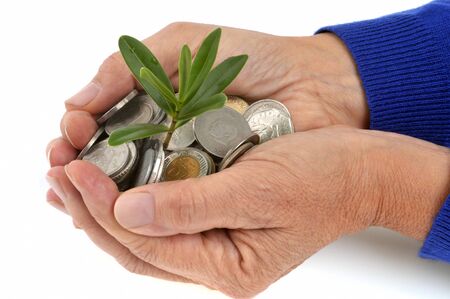 Financial success concept with hands full of coins and a young sproutの写真素材