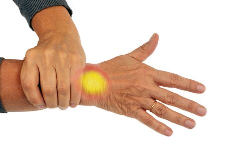 Wrist pain close up on white backgroundの写真素材