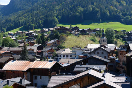 Morzine village in Haute-Savoie in the French Alpsの写真素材