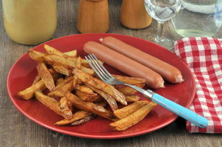 Plate of frankfurter sausage with French fries served at table