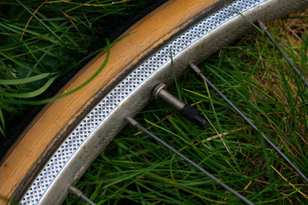 Close up of a bicycle wheel in the grass