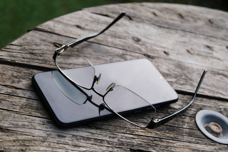 Smartphone and glasses lying on a wooden table