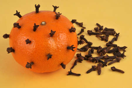 Orange pitted with cloves close-up on yellow backgroundの写真素材
