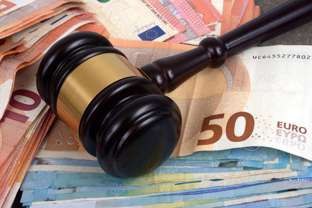 Judge's gavel resting on euro banknotes close-upの写真素材
