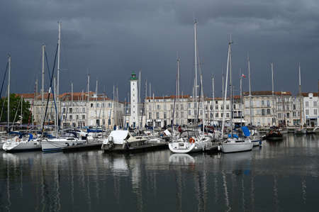 Port and lighthouse at Quai Valin in La Rochelleのeditorial素材