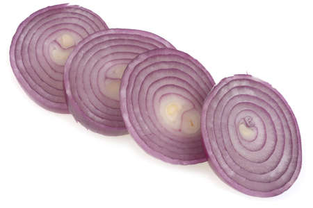 Red onion rings cut in close-up on white backgroundの写真素材