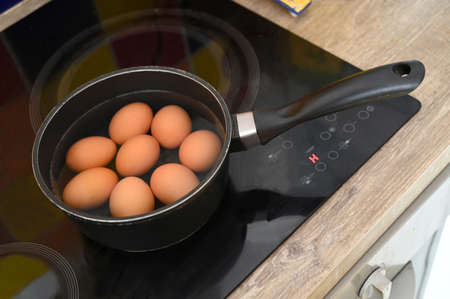 Eggs in a pot of water on a hobの写真素材