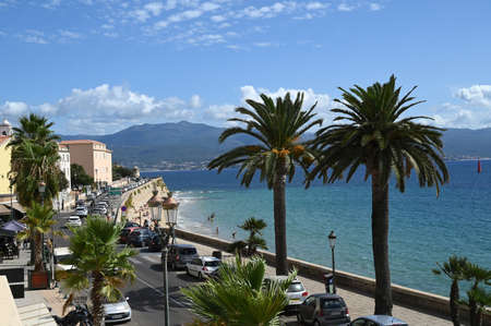 Boulevard Lantivy in Ajaccio with its palm trees and Saint-FranÃ§ois beachのeditorial素材