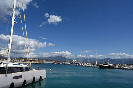 Sailboat docked in Tino Rossi port in Ajaccioのeditorial素材