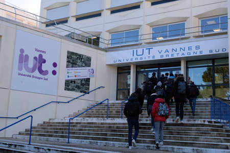 Students climbing the stairs of the Vannes University Institute of Technology in Brittanyのeditorial素材
