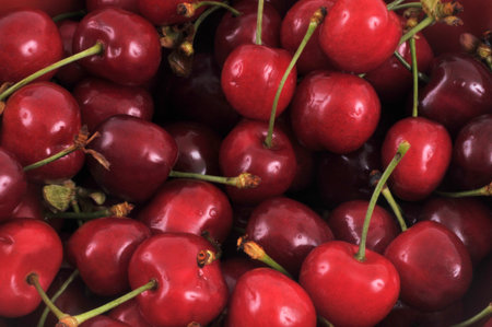 Cherries piled up in bulk close-up