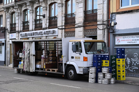 Delivery truck on a street in La CoruÃ±aのeditorial素材