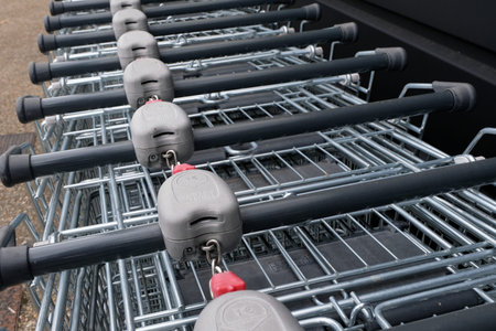 Stored supermarket trolleys close up