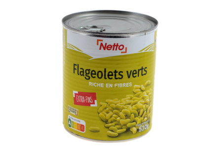 Canned Netto brand flageolets close-up on white backgroundのeditorial素材