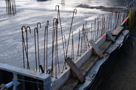 Construction site with reinforcement of reinforced concrete close-up