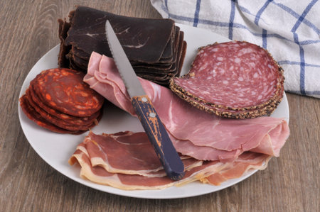 Plate of charcuterie with a knife close-up