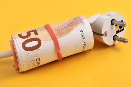 Electricity expense concept with a roll of euro banknotes surrounding an electrical outlet on a...
