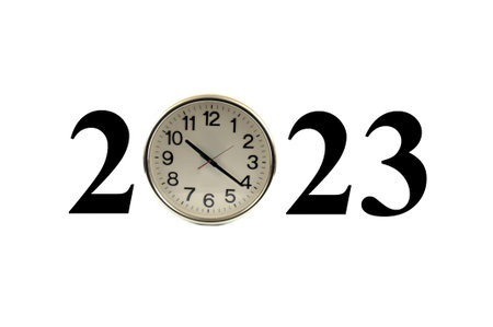 2023 year concept with clock on white background