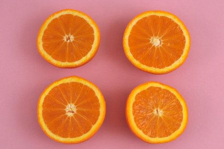 cut oranges on pink backgroundの写真素材