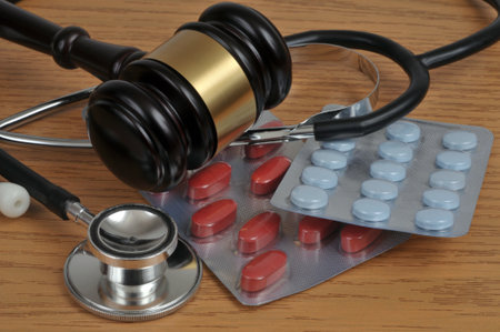 Medical error concept with a stethoscope and a judge gavel and medicine padsの写真素材