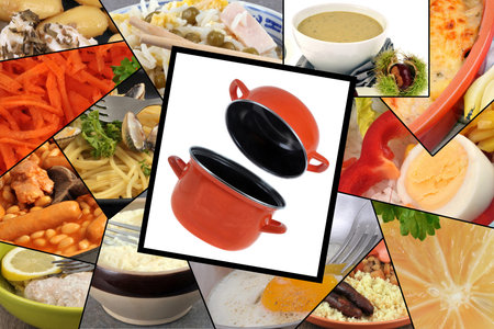 Concept of ready meals with a cooking utensil in the centerの写真素材