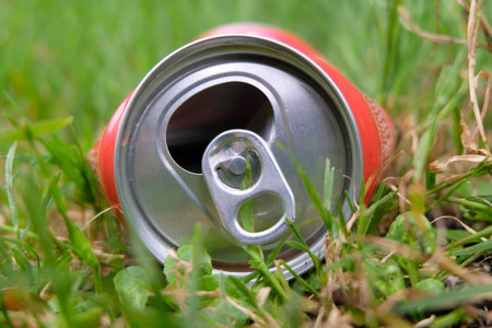 Empty can thrown in the grass close-up