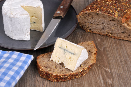 Piece of blue cheese on a slice of seeded bread close-upの写真素材