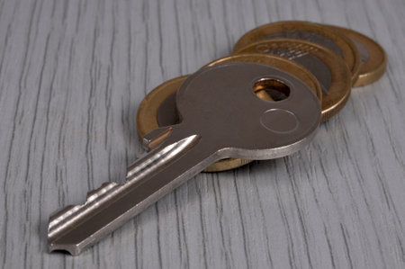 Key on euro coins close-up on a wooden backgroundの写真素材