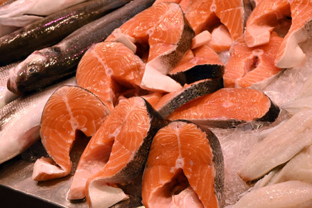 Salmon steaks on a fishmonger's stall closeup