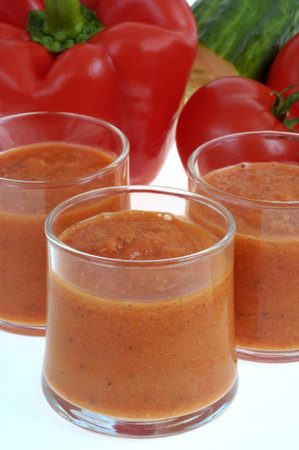 Closeup on homemade gazpacho verrines with its ingredientsの写真素材