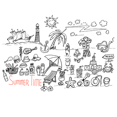 Summer time text with graphic elements and typography in doodle Illustration.のイラスト素材