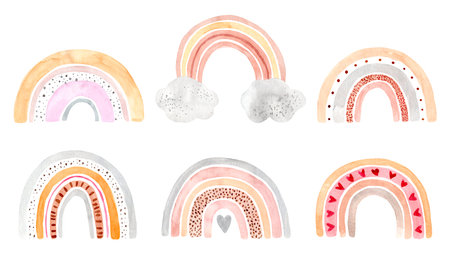 Watercolor rainbow set. Hand painted illustration isolated on white background.の写真素材