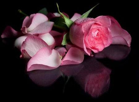 pink and white rose petals on black background with water dropsの写真素材